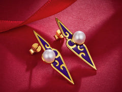 Enamel Rhombus with Pearl Stud Earring