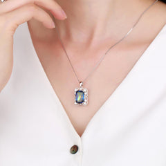 Natural Crystal Rectangle with Lace Pendant Sterling Silver Necklace for Women