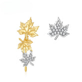 Two Tone Maple Leaf Zircon Asymmetric Sterling Silver Stud Earrings