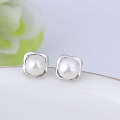 Hollow Square with Pearl Silver Studs Earrings for Women