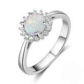Round Opal Zircon Flower Halo Sterling Silver Ring