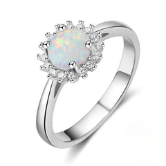 Round Opal Zircon Flower Halo Sterling Silver Ring