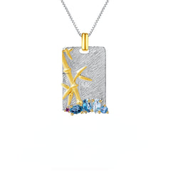 Chinese Style Inlaid Natural Colourful Gemstone Bamboo Rectangle Pendant Sterling Silver Necklace for Women