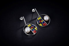 Colourful Enamel Pearl Circle Drop Earrings
