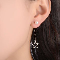 Circle Star Tassle with Pearl Asymmetrical Silver Drop Earrings for Women