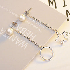 Circle Star Tassle with Pearl Asymmetrical Silver Drop Earrings for Women