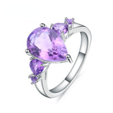 European Luxury Fashion Design Inlaid Natural Amethyst Pear Drop Silver Ring for Women