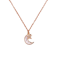 Mother of Pearl Moon with Zircon Star Pendant Silver Necklace for Women