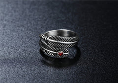 Personalized Retro Feather Red Zircon Titanium Steel Rings for Men and Women