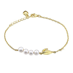 Elegant Freshwater Pearl with Zircon Leaf Silver Bracelet for Women
