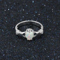 Creative Hand Holding Heart Shape Opal Sterling Silver Ring