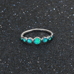 Seven Joint Round Blue Opal Sterling Silver Ring
