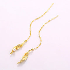 Feather Pendant Pearl Long Tassel Sterling Silver Ear Line Earrings