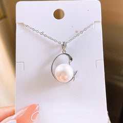 Natural Pearl Hollow Geometric Pendant Silver Necklace for Women