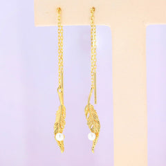 Feather Pendant Pearl Long Tassel Sterling Silver Ear Line Earrings