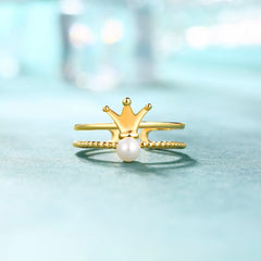 Crown Round Pearl Double Layer Opening Sterling Silver Ring