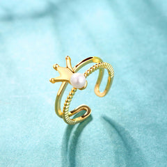 Crown Round Pearl Double Layer Opening Sterling Silver Ring