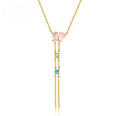 Double Pink Crystal Tassel Silver Necklace