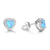 Blue Heart Shape Opal Zircon Soleste Halo Sterling Silver Stud Earrings