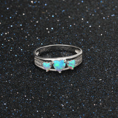 Stylish Three Heart Shape Blue Opal Sterling Silver Ring