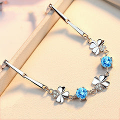 Four-leaf Clover with Blue Zircon Silver Bracelet for Women