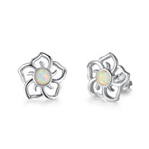 Hollow Plum Blossom Round Opal Sterling Silver Stud Earrings
