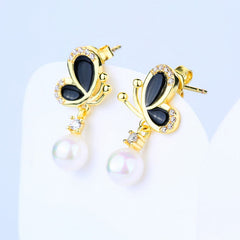 Butterfly Zircon Round Pearl Pendant Golden Sterling Silver Drop Earrings