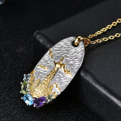 Italian Antique Jewelry Design Inlaid with Natural Colourful Gemstones Oval Pendant Silver Necklace for Women