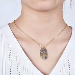 Italian Antique Jewelry Design Inlaid with Natural Colourful Gemstones Oval Pendant Silver Necklace for Women