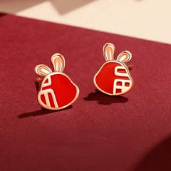 Red Enamel Fortune Rabbit Silver Studs Earrings for Women