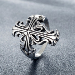 Hollow Long Croix Flower Titanium Steel Ring for Men