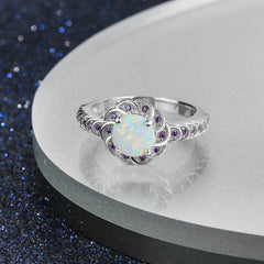 Round Opal Flower Halo Zircon Sterling Silver Ring