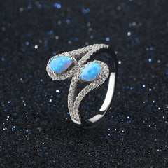 Double Pear Shape Blue Opal Zircon Sterling Silver Ring