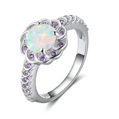 Round Opal Flower Halo Zircon Sterling Silver Ring