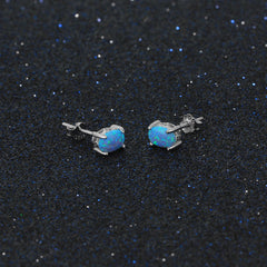 Four Prongs 6mm Blue Oval Opal Sterling Silver Stud Earrings