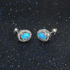 Blue Oval Opal Zircon Soleste Halo Sterling Silver Stud Earrings
