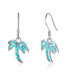 Blue Opal Coconut Tree Pendant Sterling Silver Hook Earrings