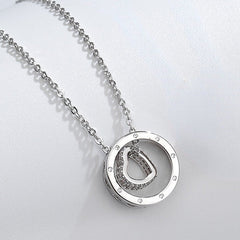 Hollow Zircon Heart Round Pendant Silver Necklace for Women