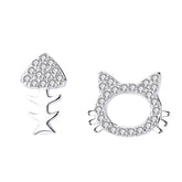 Zircon Cat and Fishbone Asymmetric Silver Studs Earrings for Women