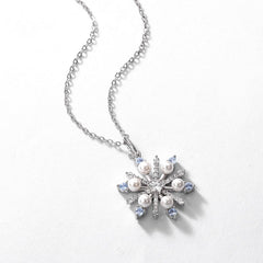 Christmas Pearl and Zircon Snowflake Pendant Sterling Silver Necklace