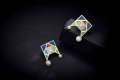 Colourful Enamel Flower Window Pearl Stud Earrings