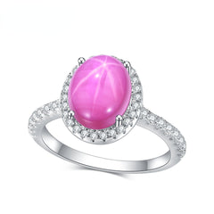Luxury Six Ray Star Inlaid Red and Sapphire Oval Shape Jewelry S925 Silver Ring for Women
