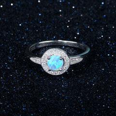 Round Blue Opal Soleste Halo Zircon Sterling Silver Ring
