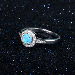 Round Blue Opal Soleste Halo Zircon Sterling Silver Ring