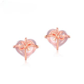 Heart Shape Pink Crystal Bowknot Silver Stud Earrings