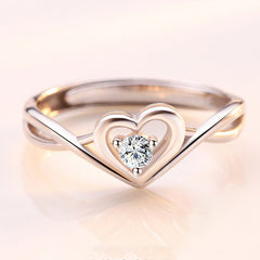 Hollow Heart with Round Zircon Silver Ring for Women