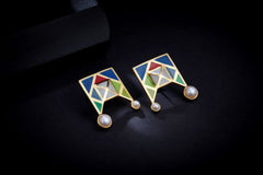Colourful Enamel Flower Window Pearl Stud Earrings