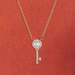 Key with Round Zircon Pendant Silver Necklace for Women