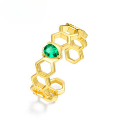 Pear Shape Green Zircon Honeycomb Opening Sterling Silver Ring