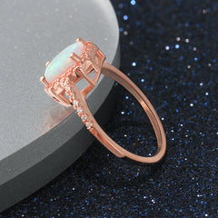 Rectangle Opal Zircon Soleste Halo Rose Gold Sterling Silver Ring
